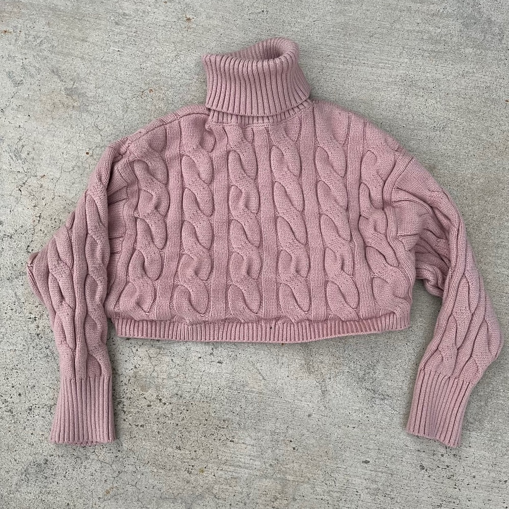 Pastel Pink Cropped Cable Knit Turtleneck Sweater
